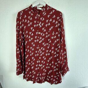 Chico's Design Womens Red Printed Long Sleeve Button-Up Blouse 2 Mandarin Collar